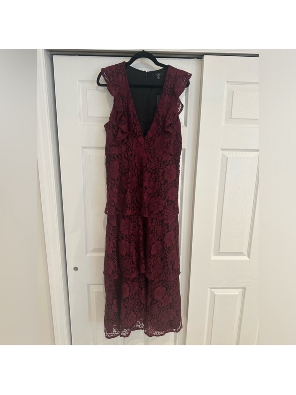 Lulu's Wine Lace Tiered V-Neck Maxi Dress - Picture 2 of 5